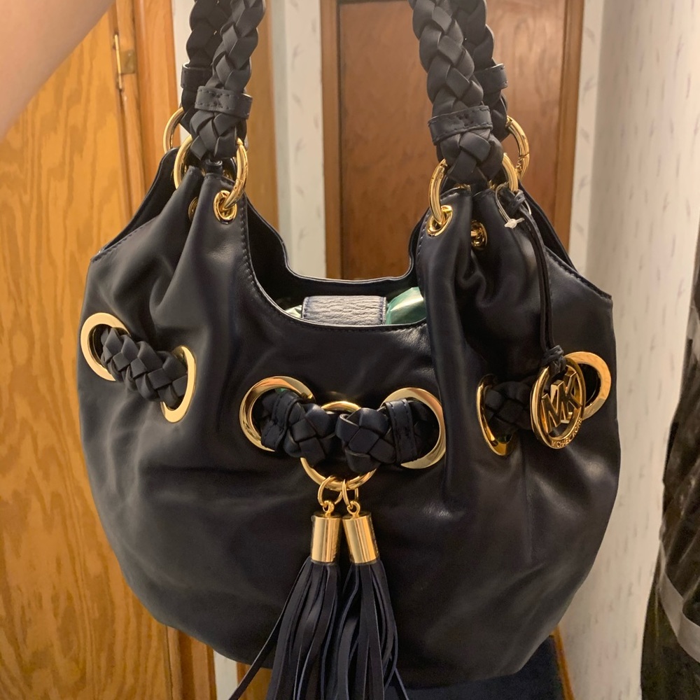 Michael Kors Navy Leather Braided Bucket Bag NWOT